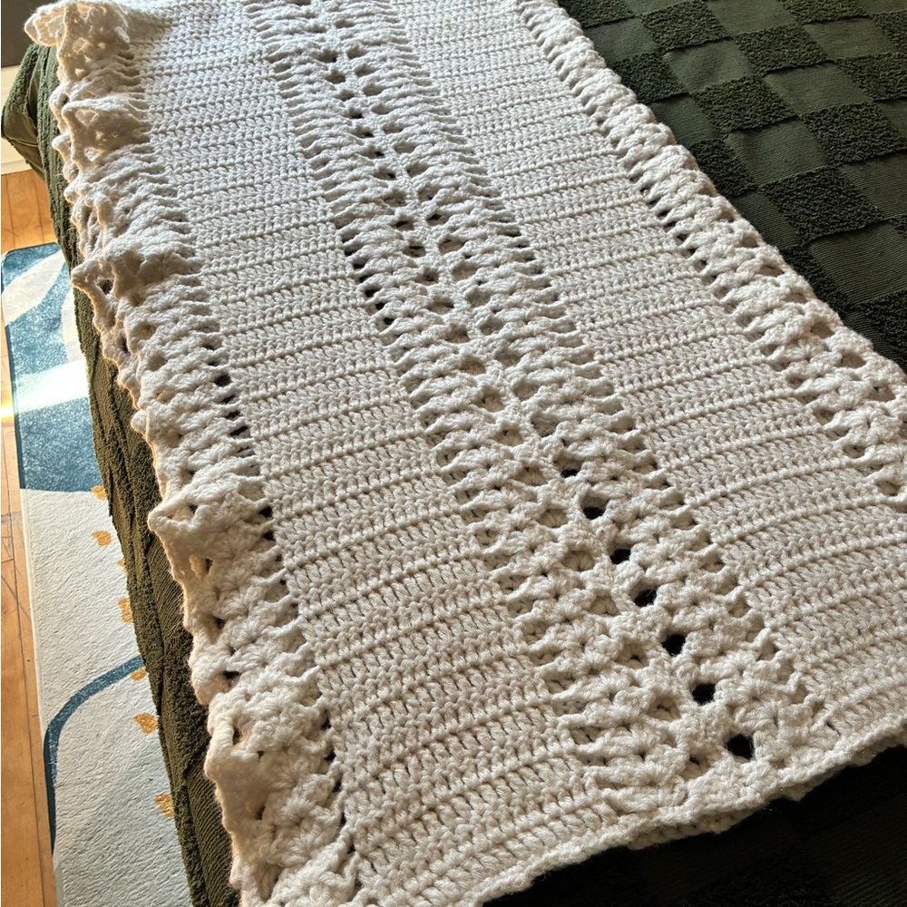Handmade White Crochet Throw Blanket